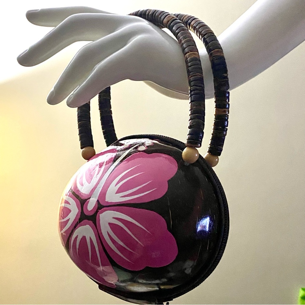 Handmade Coconut Shell Purse Hand Painted Hibiscus Flower Tropical Boho Bag